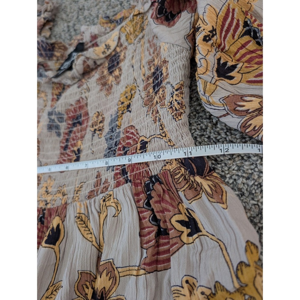 Angie Floral Smocked Mini Dress Puff Sleeve Boho Tiered Rayon Tan Small - Picture 3 of 4